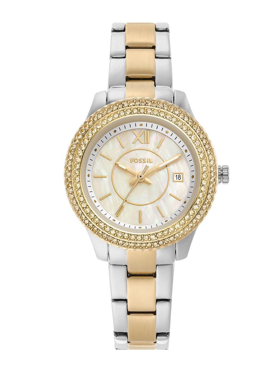 fossil women off-white dial & dual-toned stainless steel straps analogue watch es5138