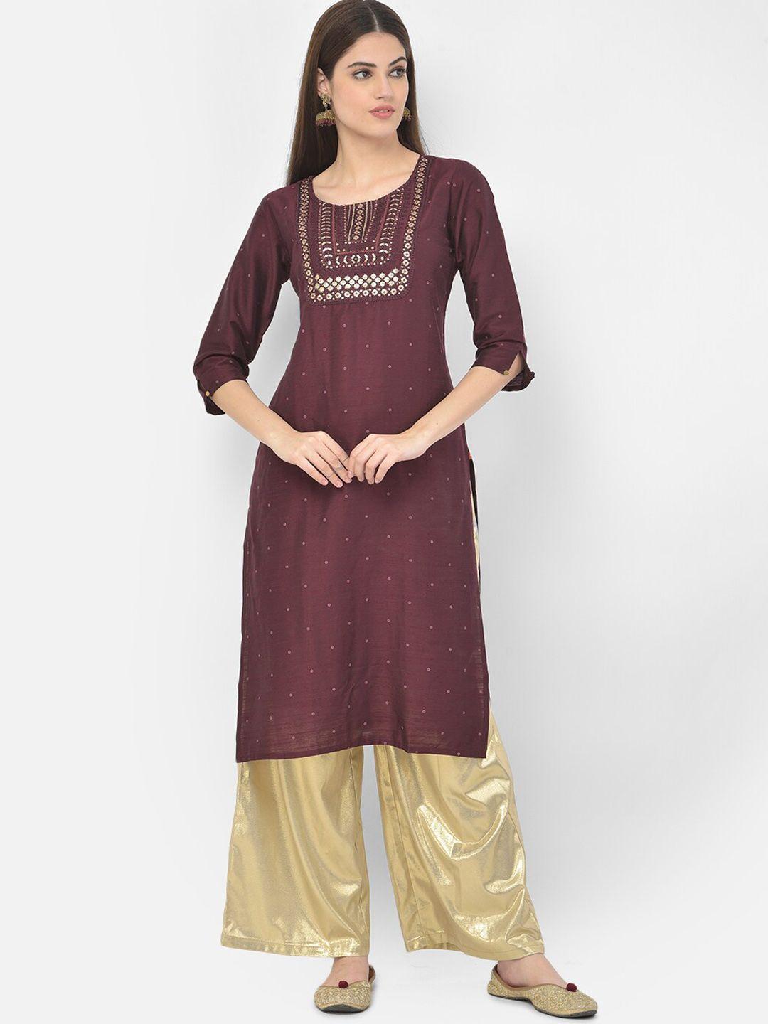 span women maroon geometric embroidered straight kurta