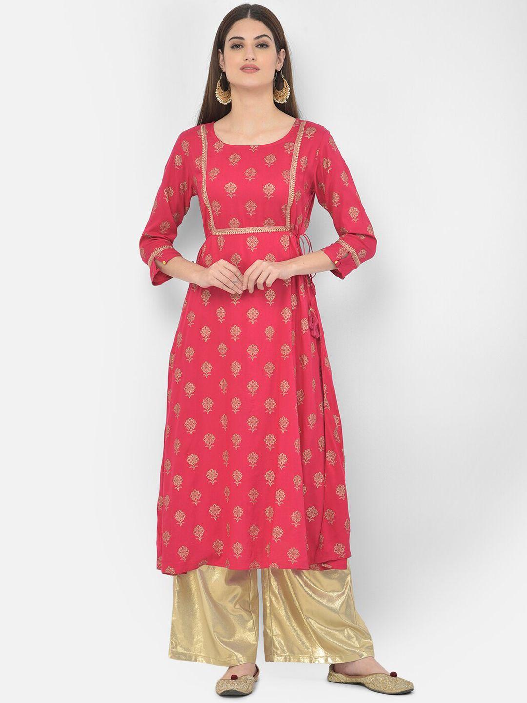 span women pink ethnic motifs printed flared sleeves thread work kurta