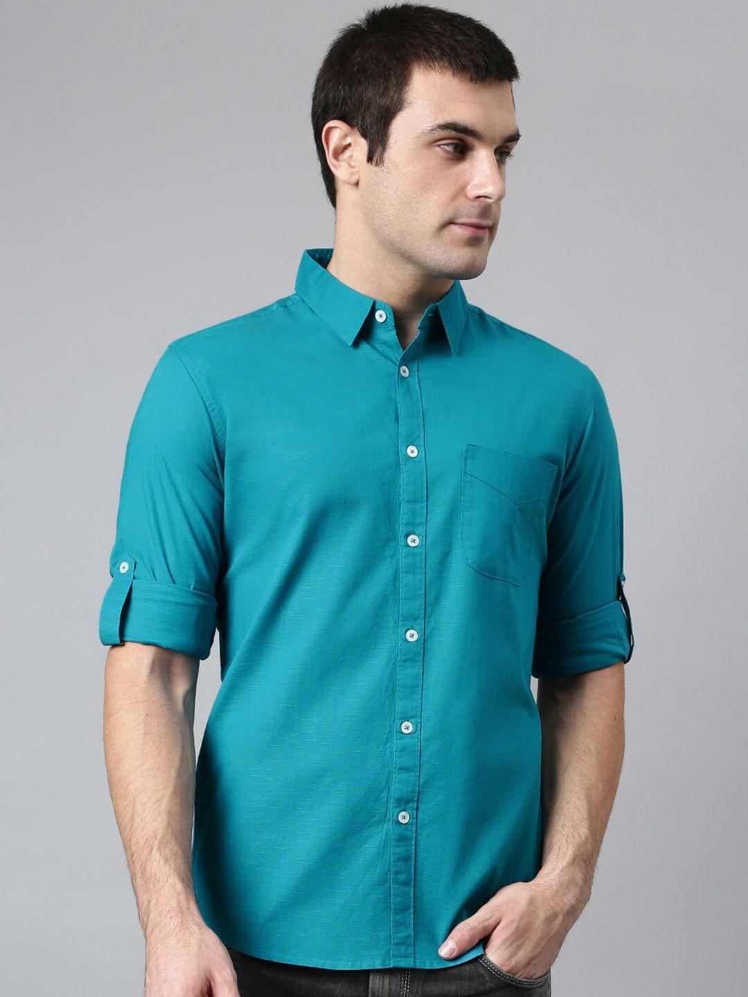 dennis lingo men green solid comfort slim fit casual shirt