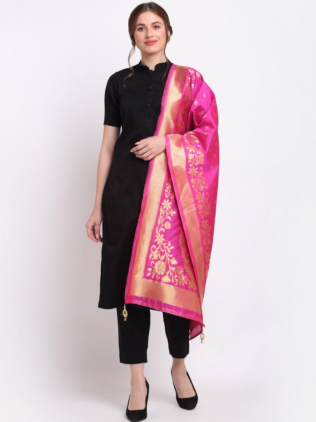 soundarya pink & gold-toned ethnic motifs woven design dupatta with zari