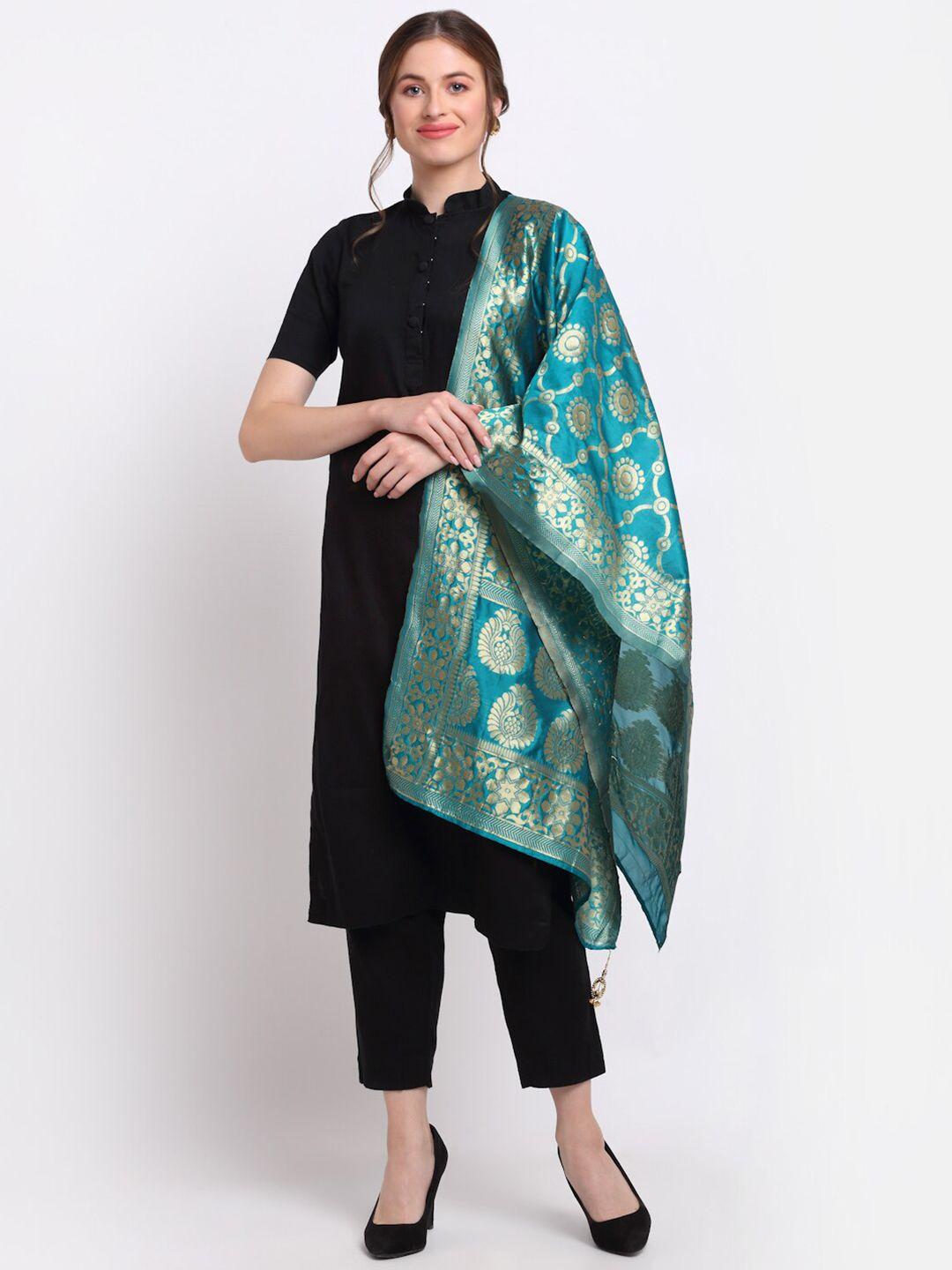 soundarya women turquoise blue & gold-toned woven design dupatta