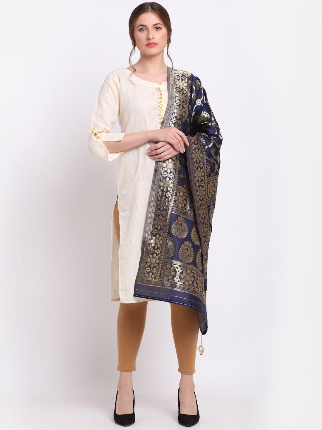 soundarya navy blue & gold-toned ethnic motifs zari woven design dupatta