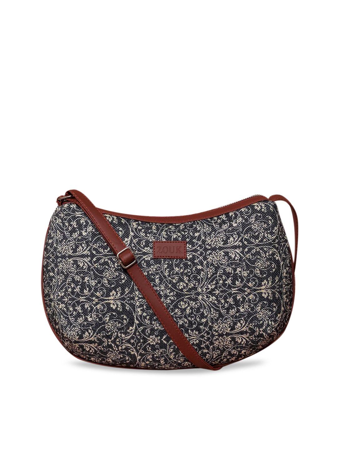 zouk navy blue & beige floral printed sling bag