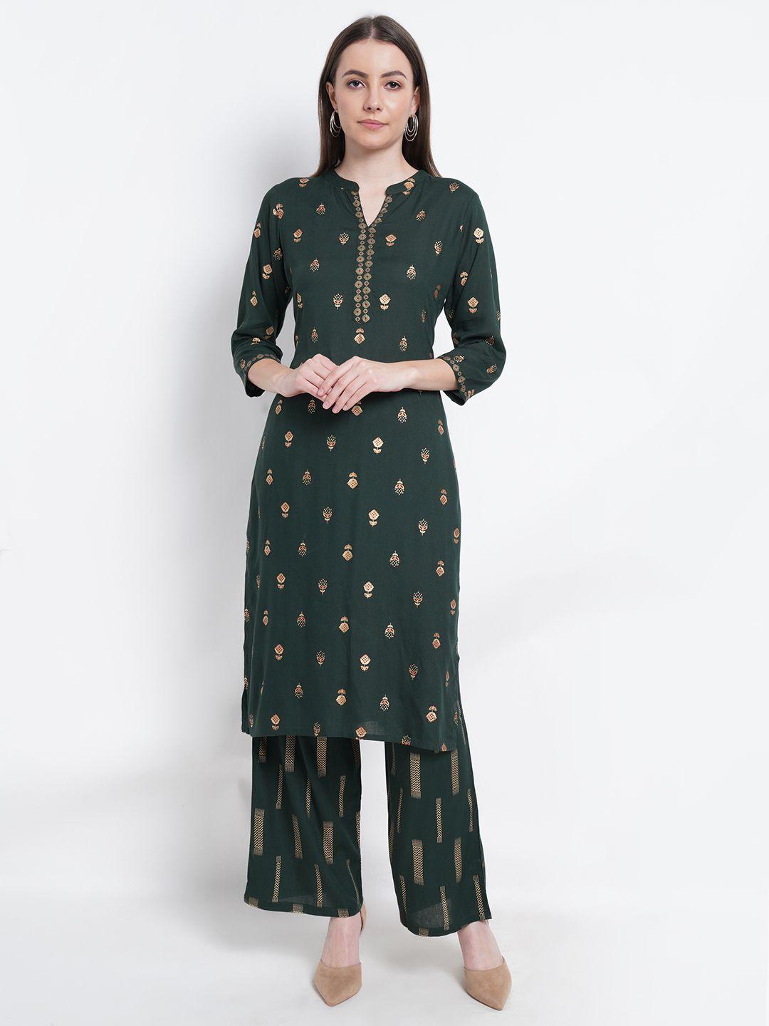 purple state women green ethnic motifs printed kurta with trousers