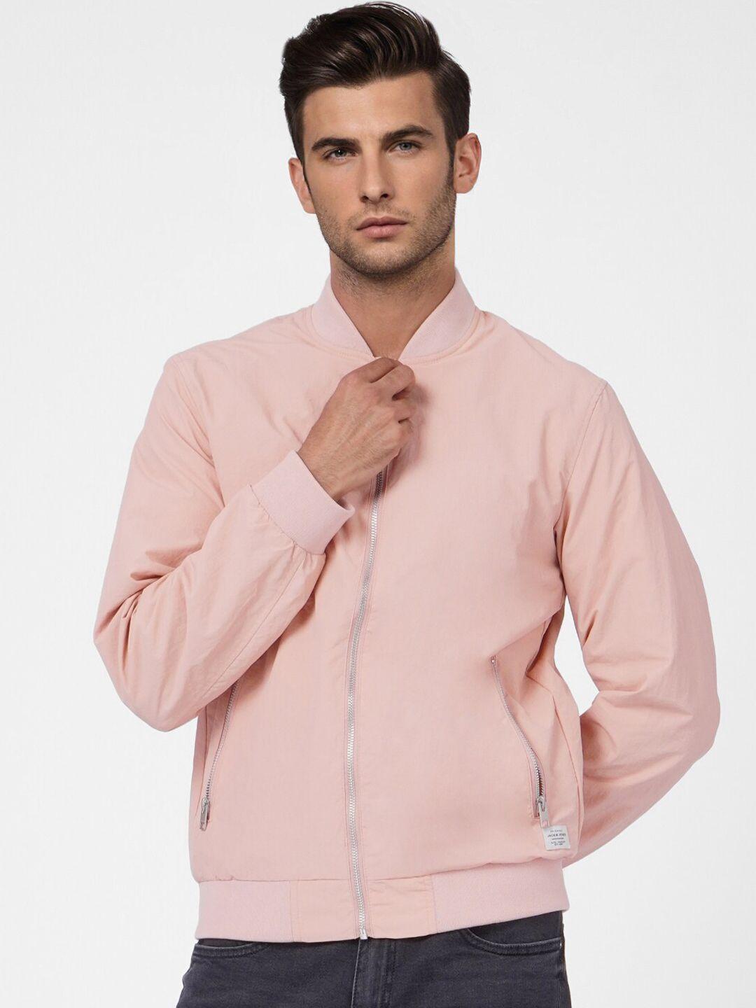 jack & jones men peach-coloured solid bomber jacket