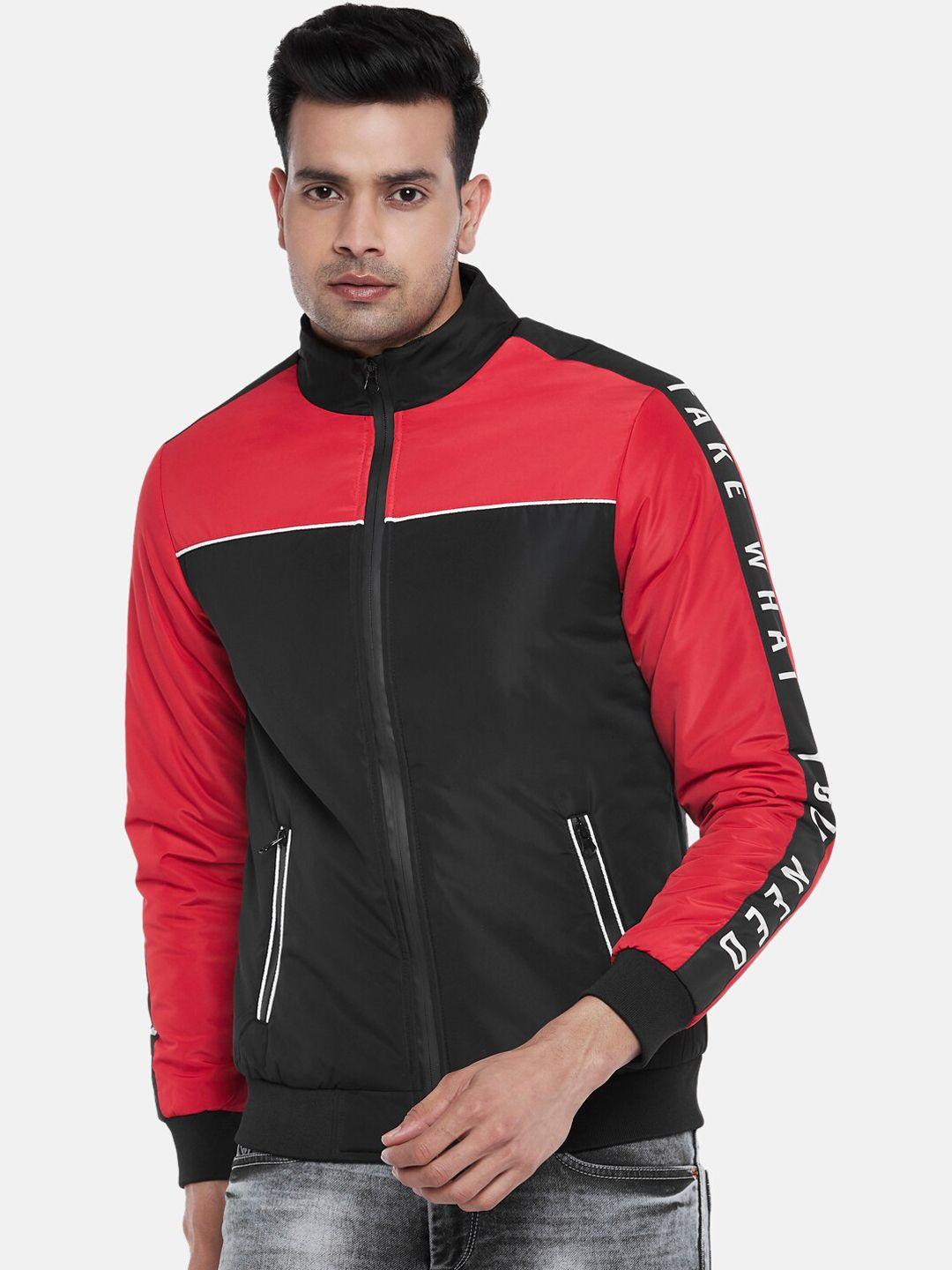 people men red & black colourblocked bomber jacket