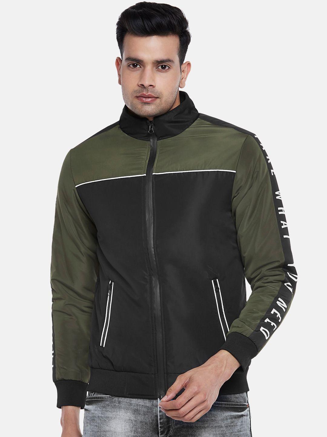 people men olive green & black colourblocked bomber jacket