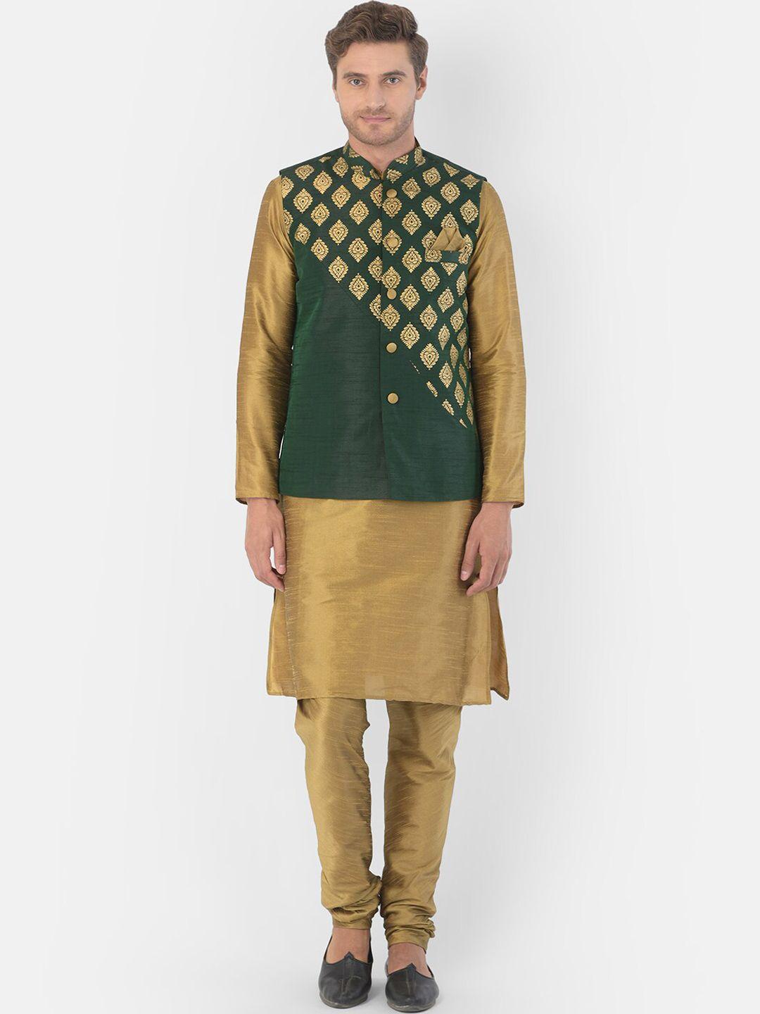 deyann men green dupion silk kurta with churidar & nehru jacket