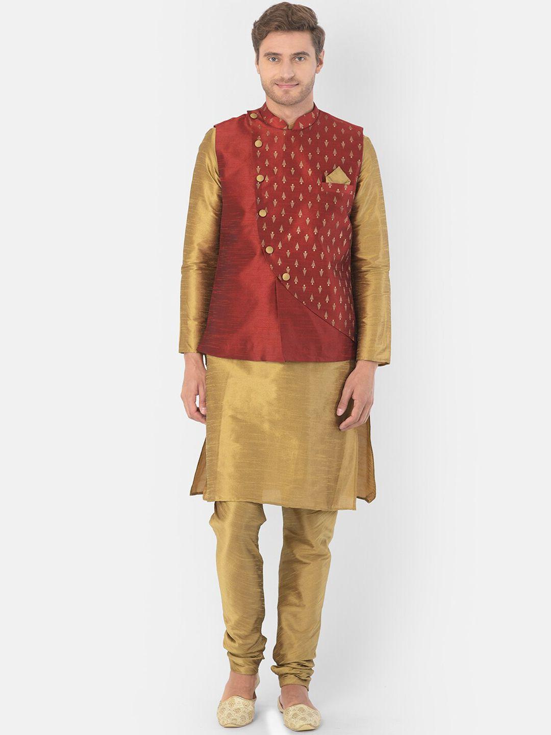 deyann men olive green dupion silk kurta with churidar & nehru jacket