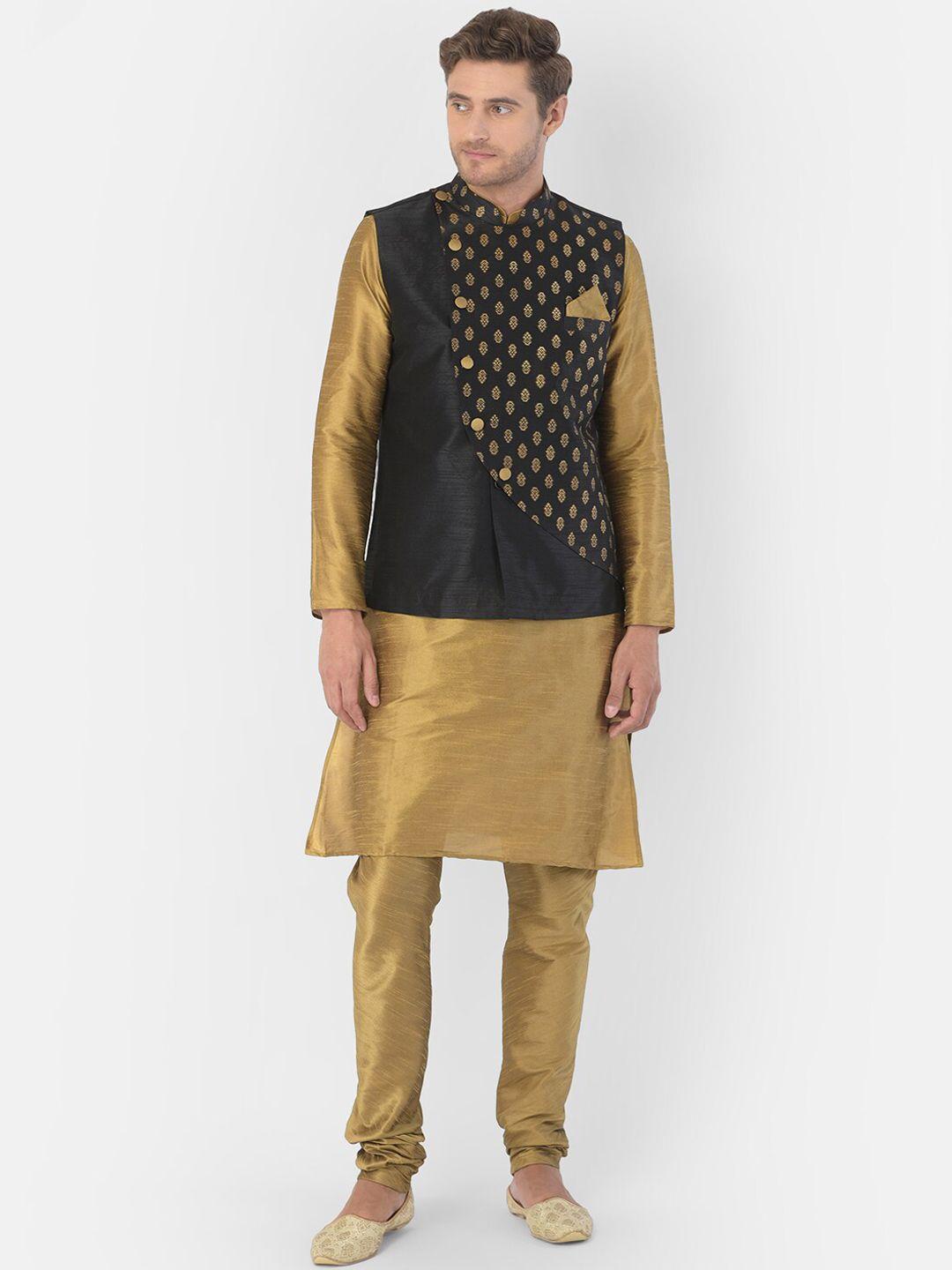 deyann men gold-coloure & black dupion silk kurta with churidar & nehru jacket