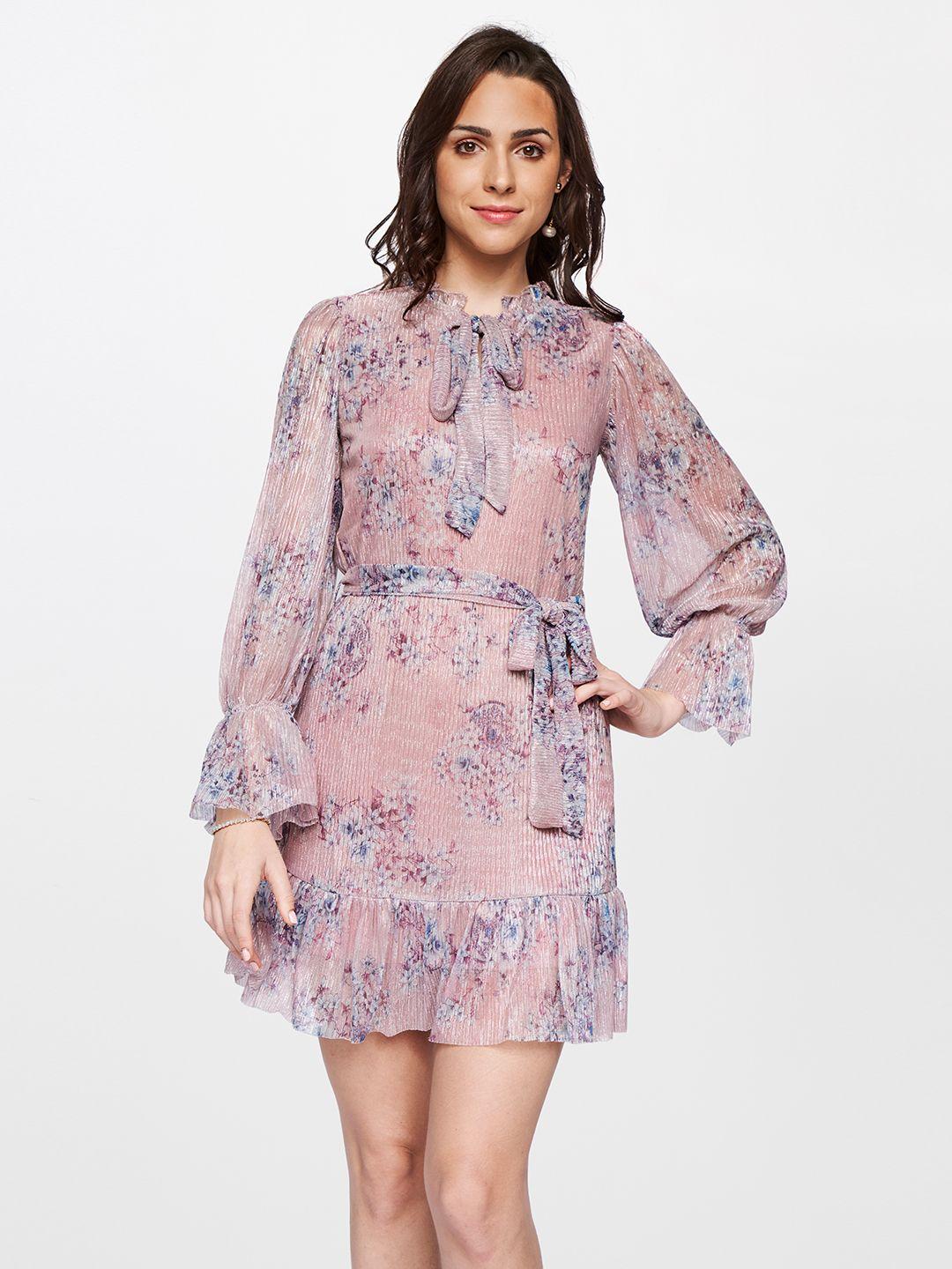 and floral print tie-up neck bell sleeve a-line dress