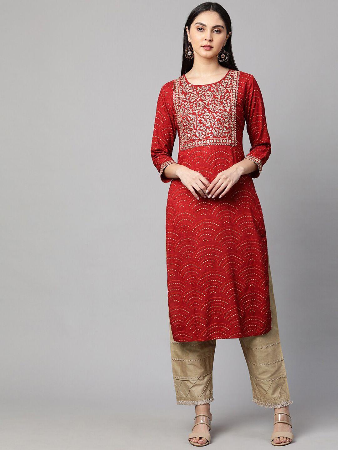 fashor women rust ethnic motifs printed embroidered & gotta patti detail kurta