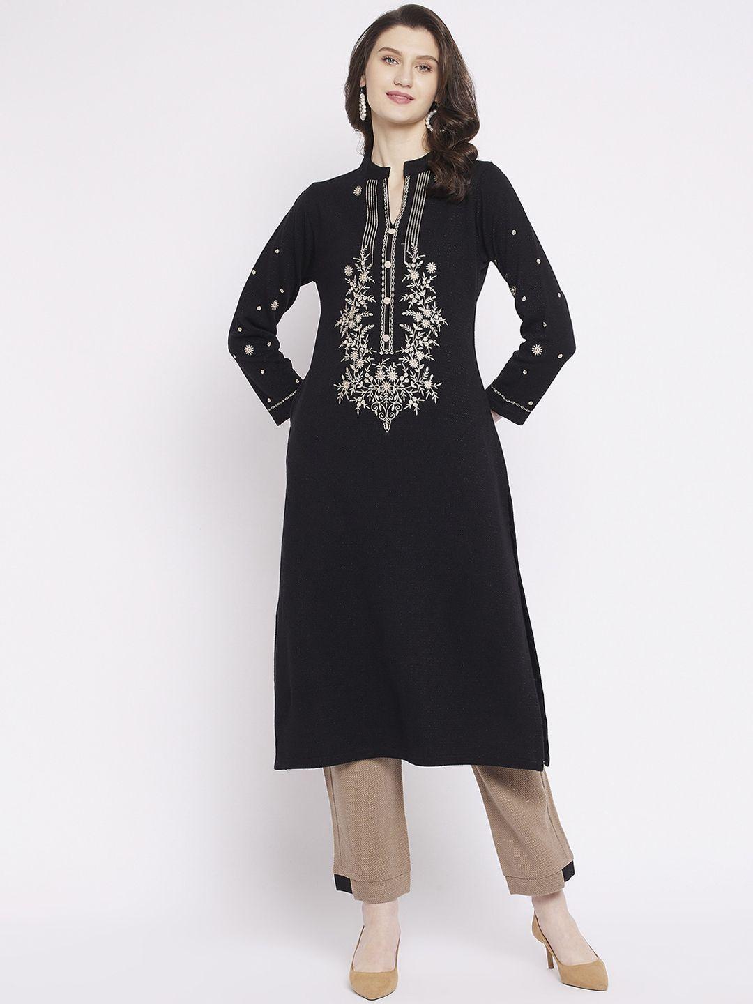 zigo women black floral embroidered kurta with trousers