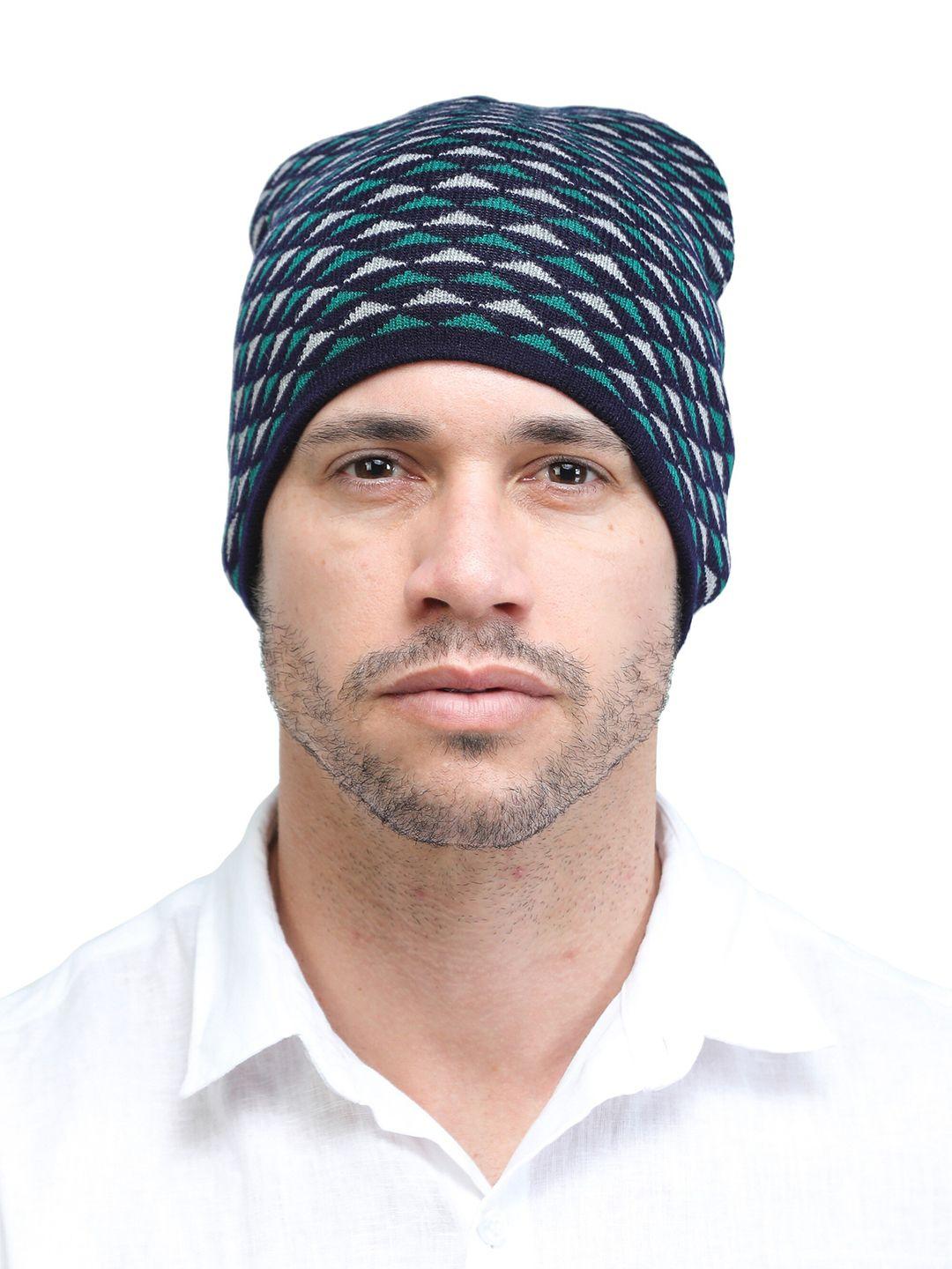 ellis men navy blue & green self design wool beanie