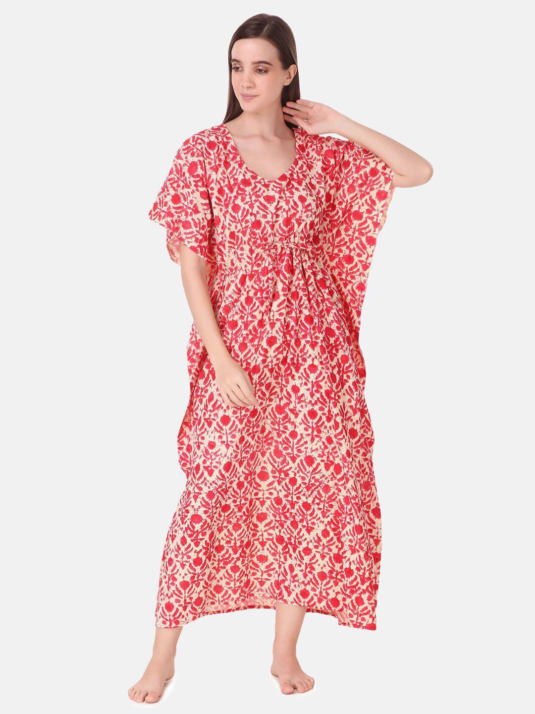 masha red & beige batik printed pure cotton maxi kaftan nightdress