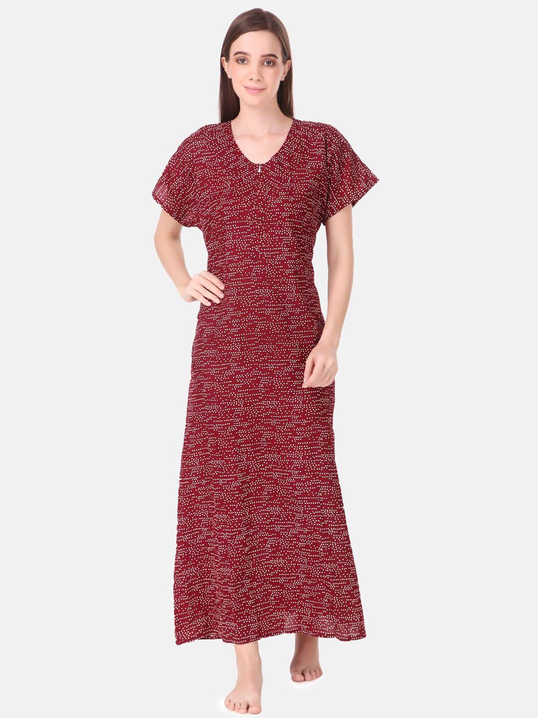 masha maroon & white printed pure cotton maxi nightdress