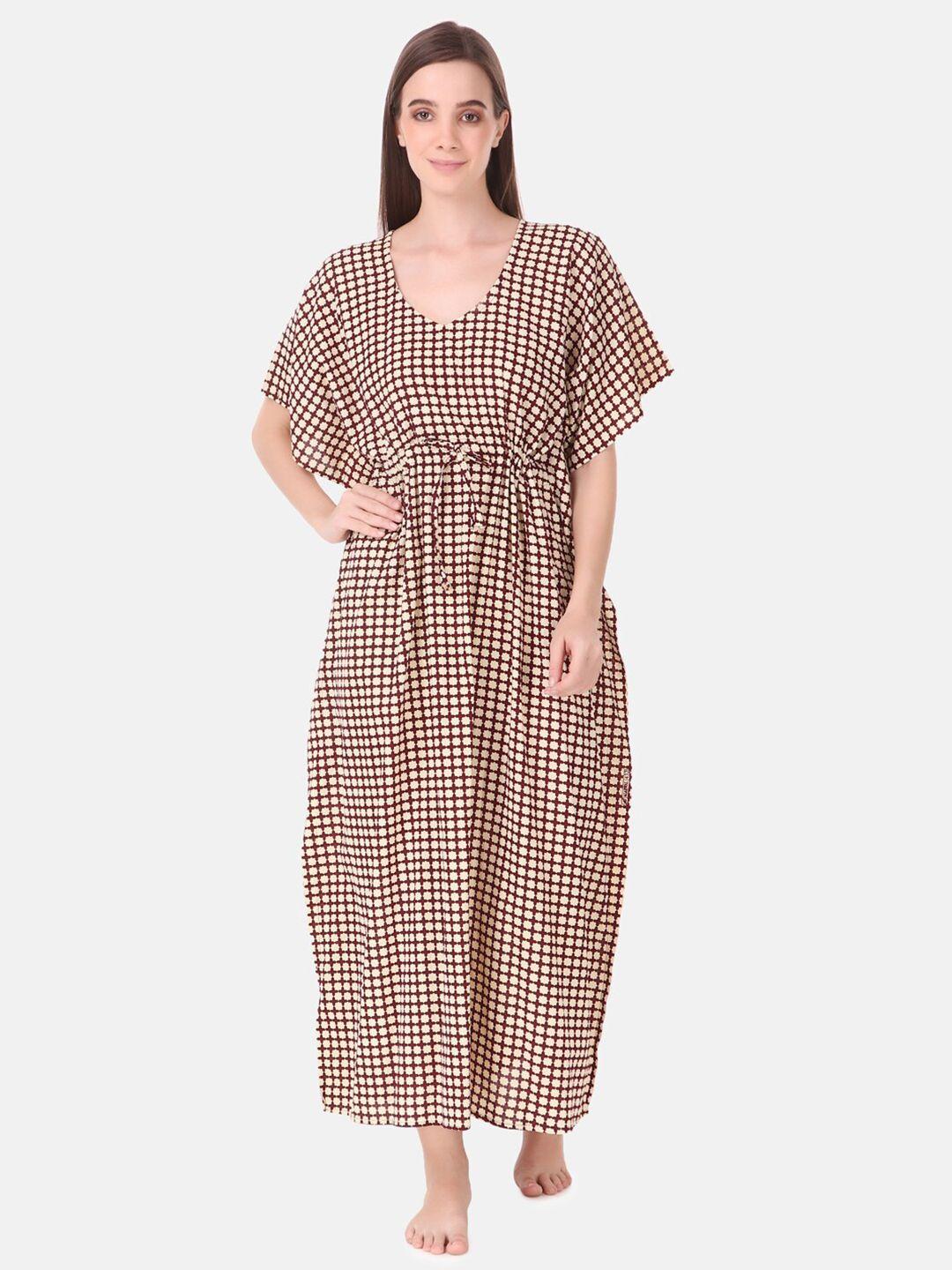 masha maroon batik printed pure cotton kaftan maxi nightdress