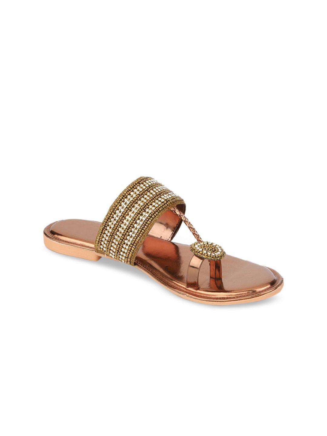 walk n style collection women copper-toned embellished leather ethnic one toe flats