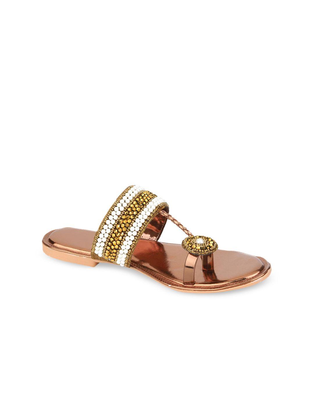 walk n style collection women copper-toned embellished leather ethnic open toe flats