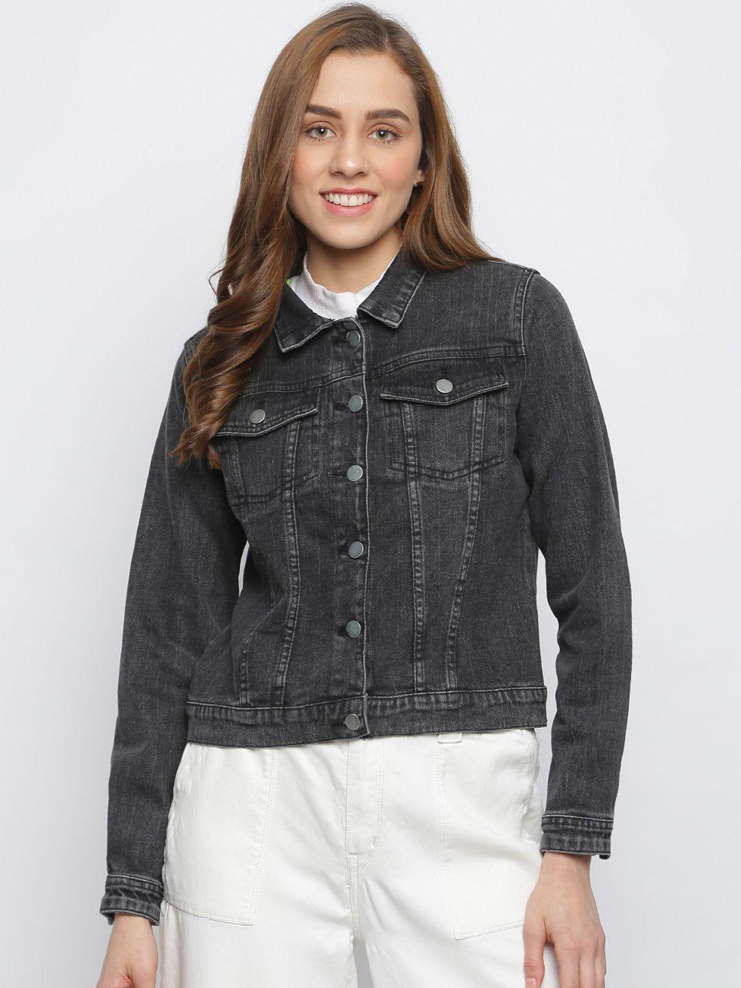 tales & stories women black washed lightweight crop denim jacket