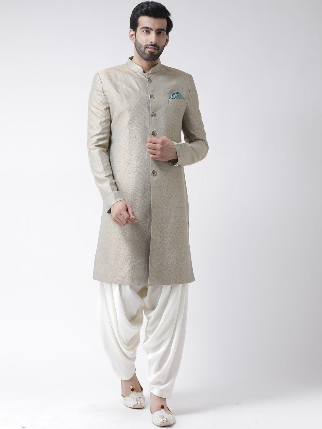 kisah men beige & white cotton sherwani set