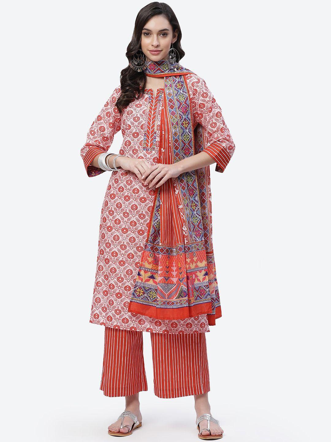 biba women red floral printed pure cotton kurta with palazzos with dupatta