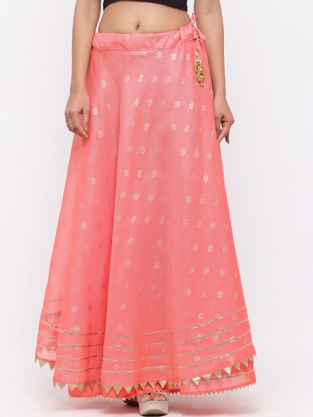 soundarya women pink & gold-coloured printed pure cotton maxi flared skirt