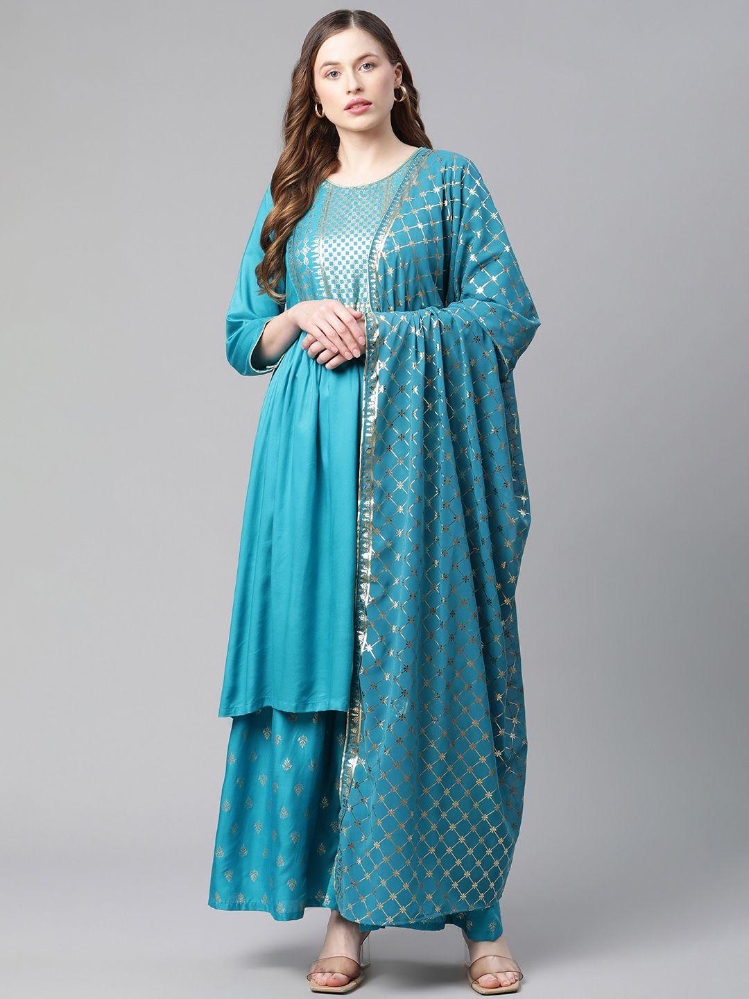 rangriti women assorted printed a-line kurta with sharara & dupatta