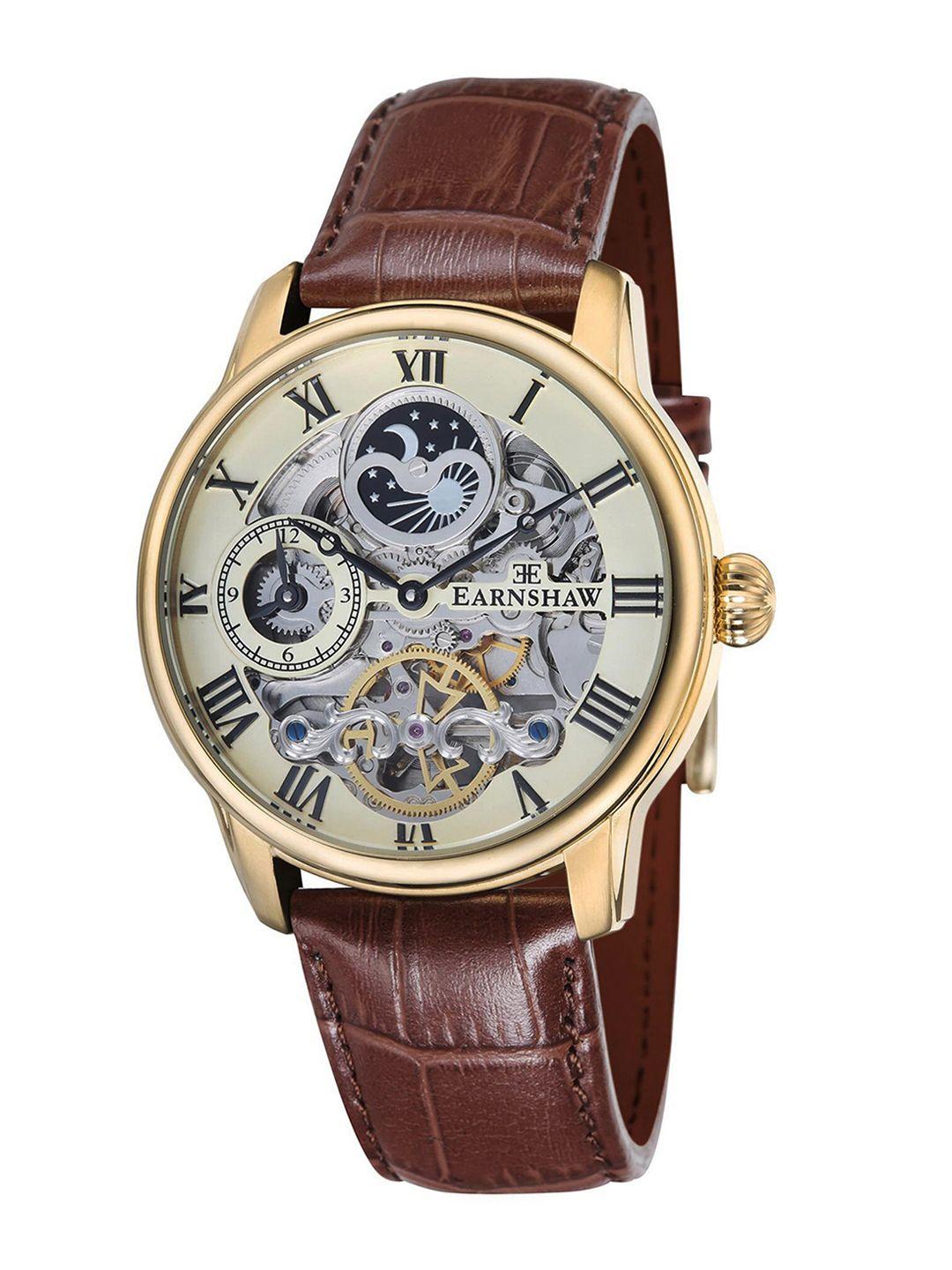 earnshaw men beige skeleton dial & brown leather straps analogue watch es-8006-06