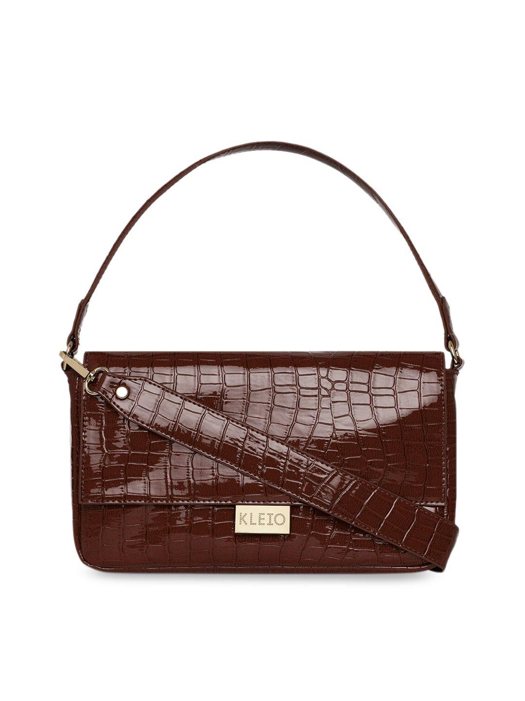 kleio coffee brown croc textured structured baguette shoulder bag & detachable sling strap