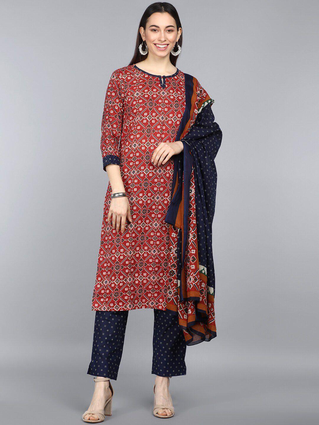 ahika women maroon ethnic motifs printed pure cotton kurta with trousers & with dupatta