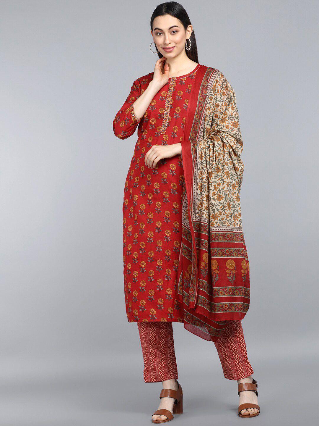 ahika women maroon ethnic motifs printed pure cotton kurta with trousers & with dupatta