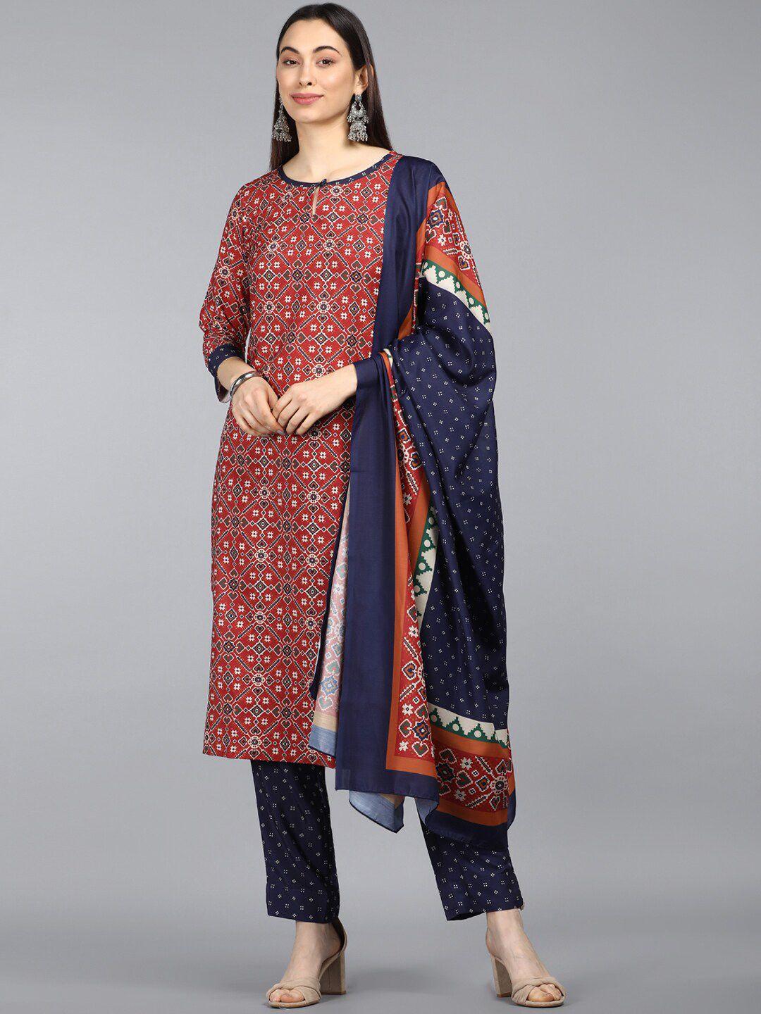 ahika women red printed kurta with trousers & with dupatta