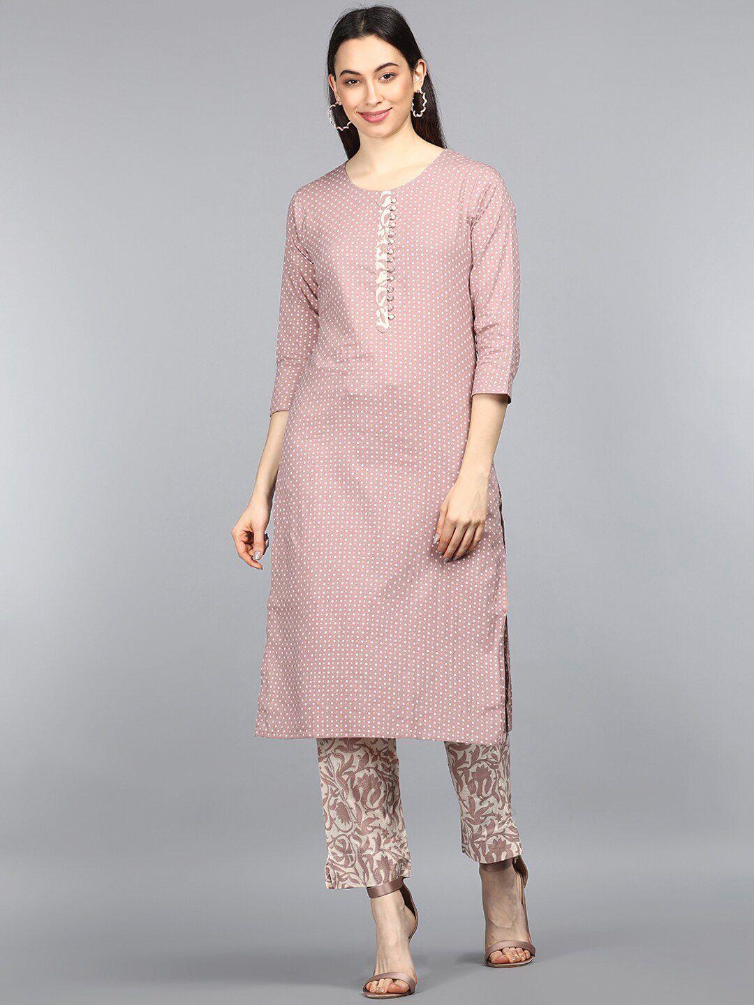 ahika women mauve printed pure cotton kurta with trousers