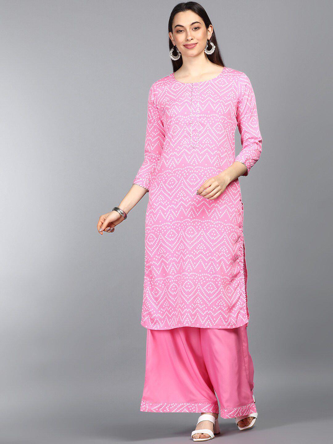 ahika women pink bandhani printed kurta with palazzos & with dupatta