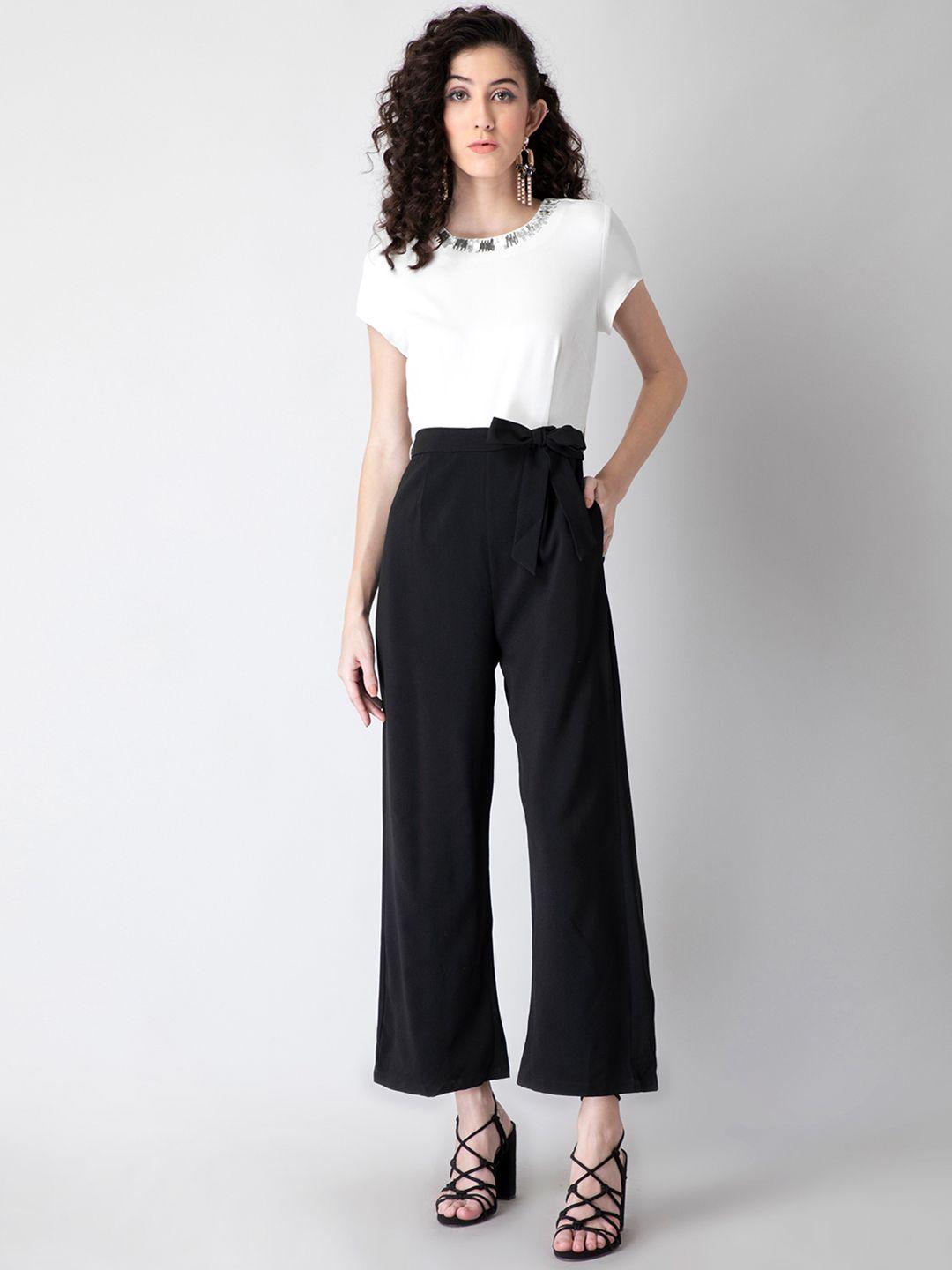 faballey black & white  embellished neck basic jumpsuit