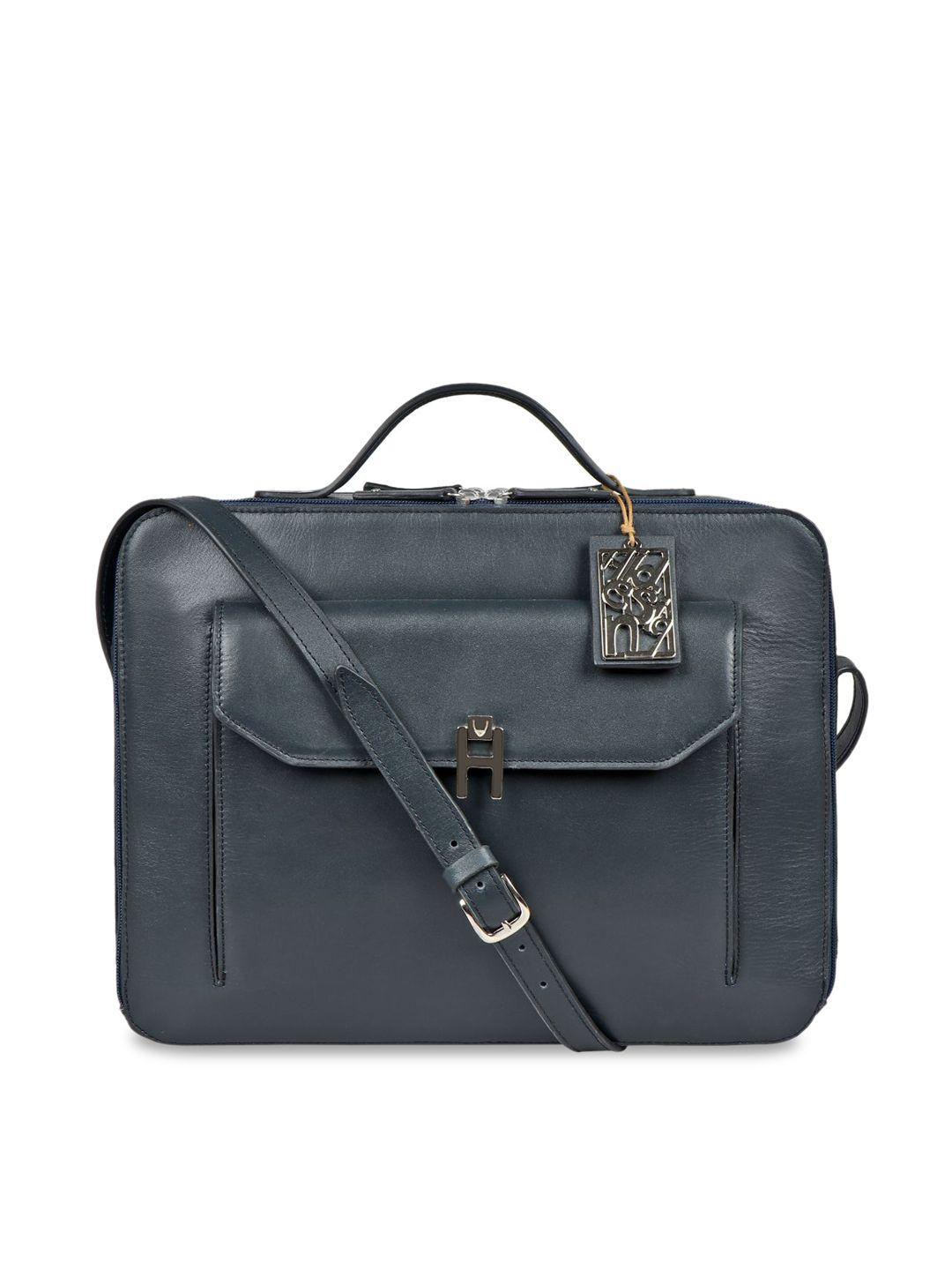 hidesign blue leather structured satchel with applique