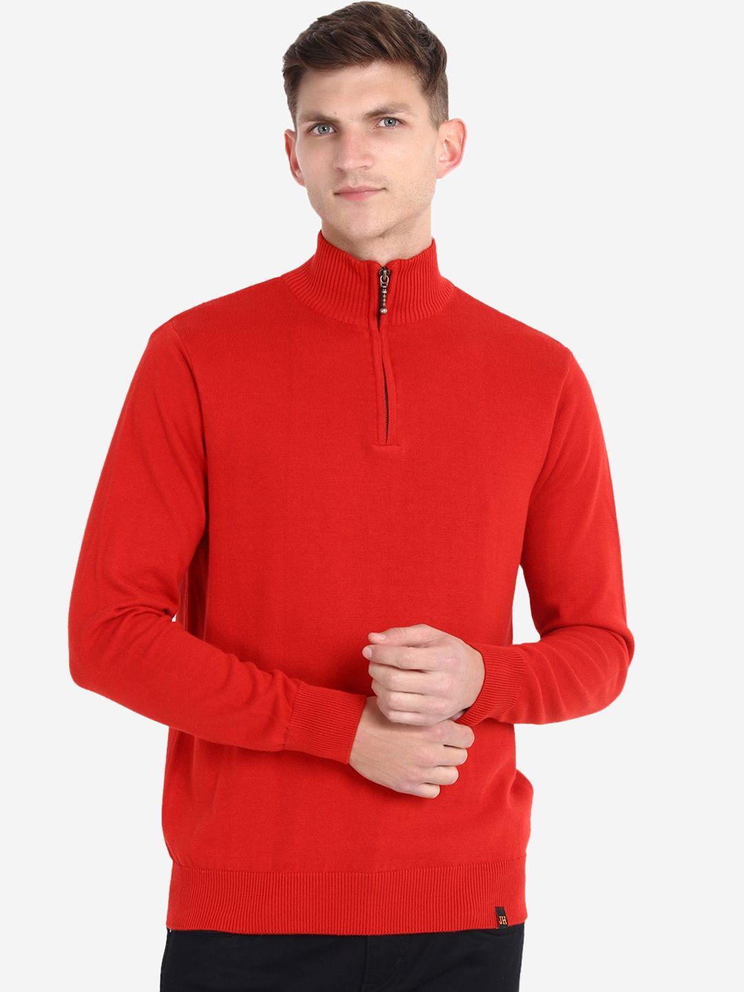 joe hazel men red solid turtle neck half zipper pure cotton pullover