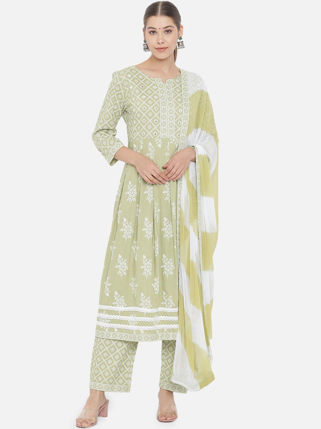 prakhya women green ethnic motifs printed mirror work kurta set with dupatta