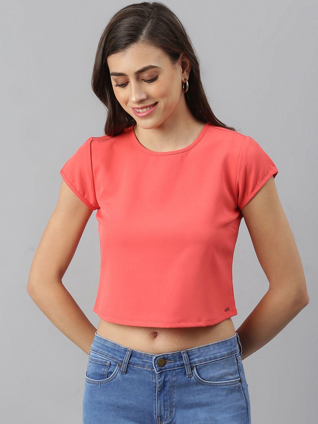 xpose peach-coloured solid crepe crop top