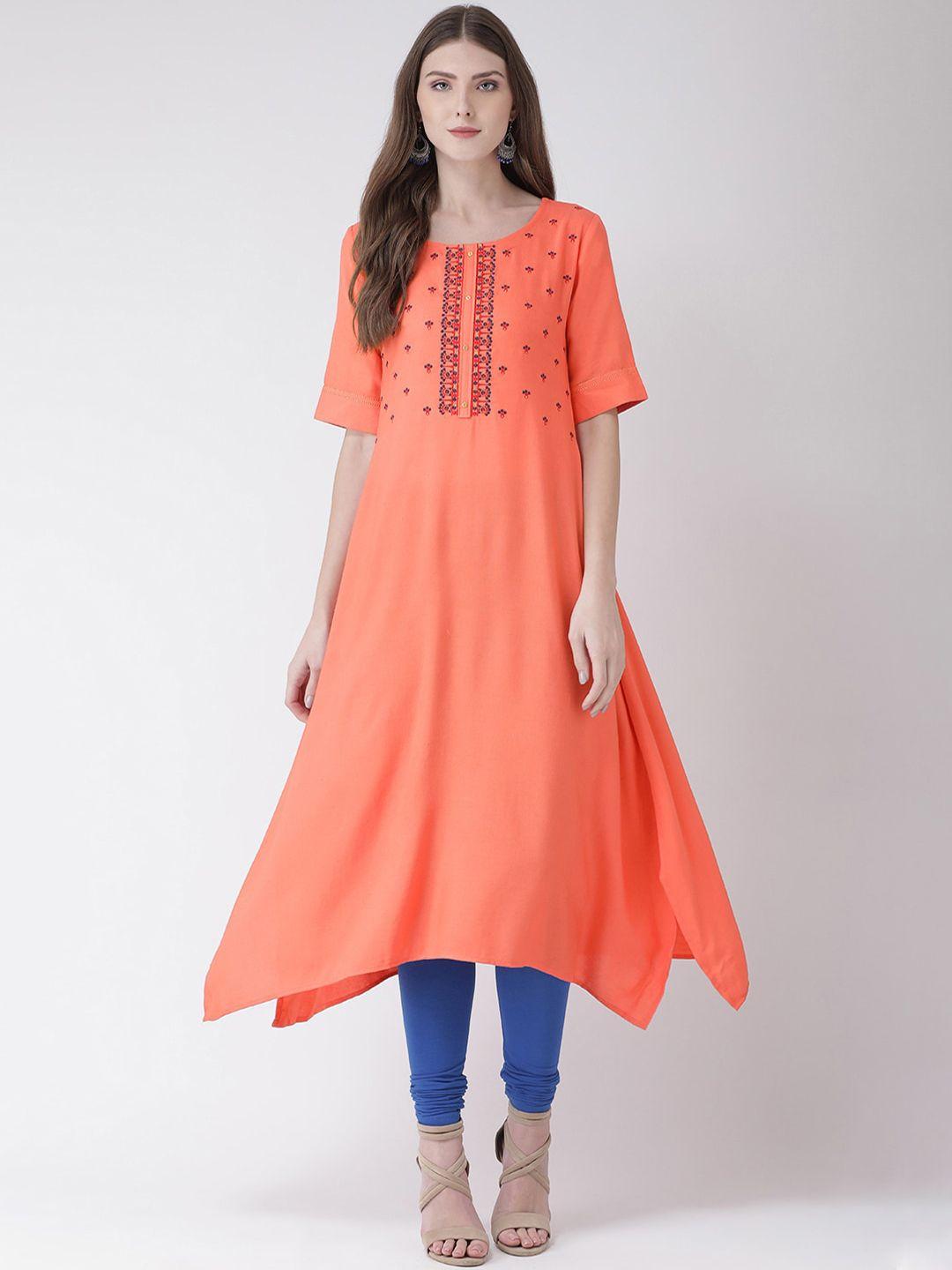 span women coral ethnic motifs embroidered asymmetric kurta