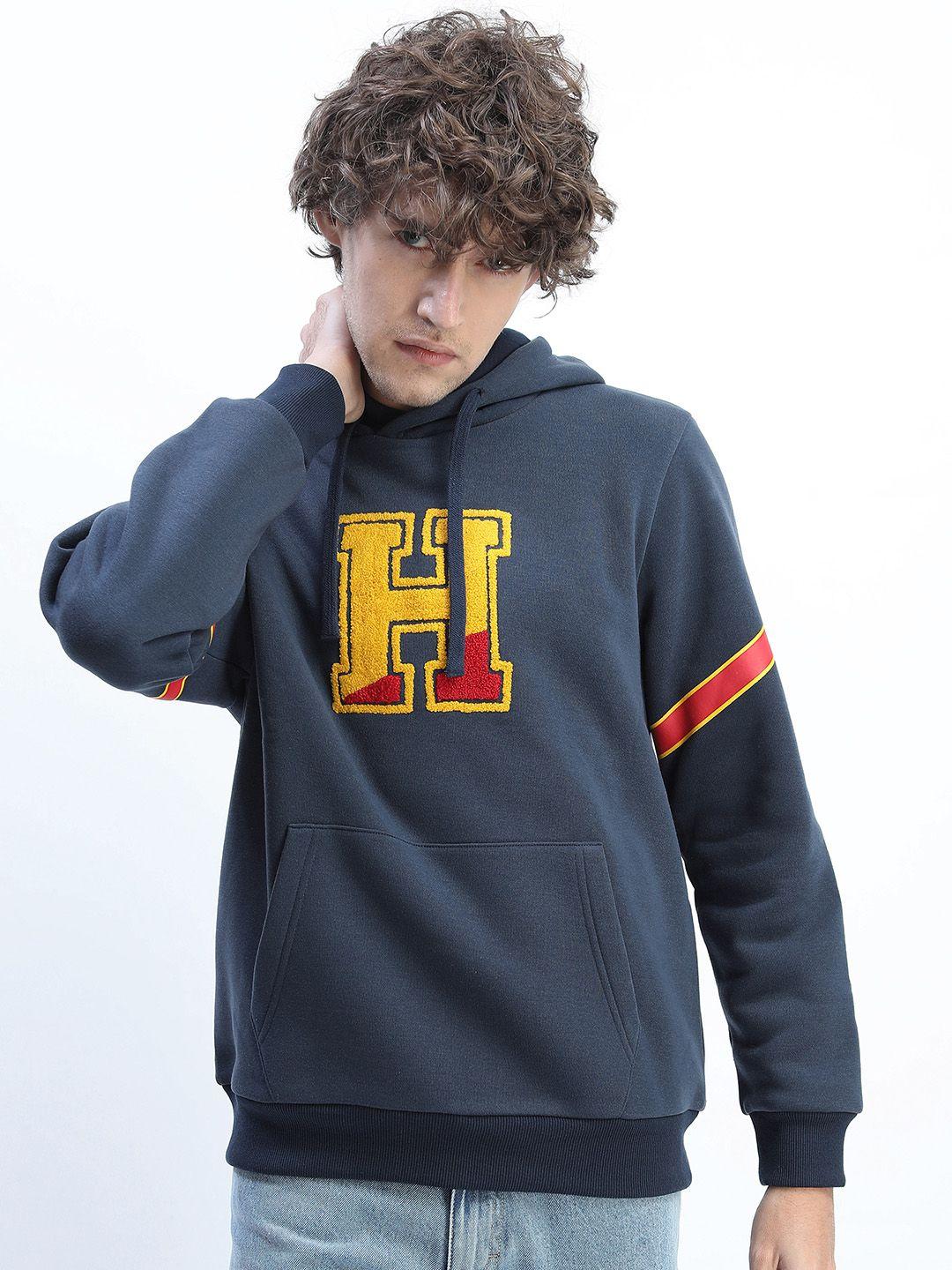 highlander men navy blue printed hooded sweatshirt