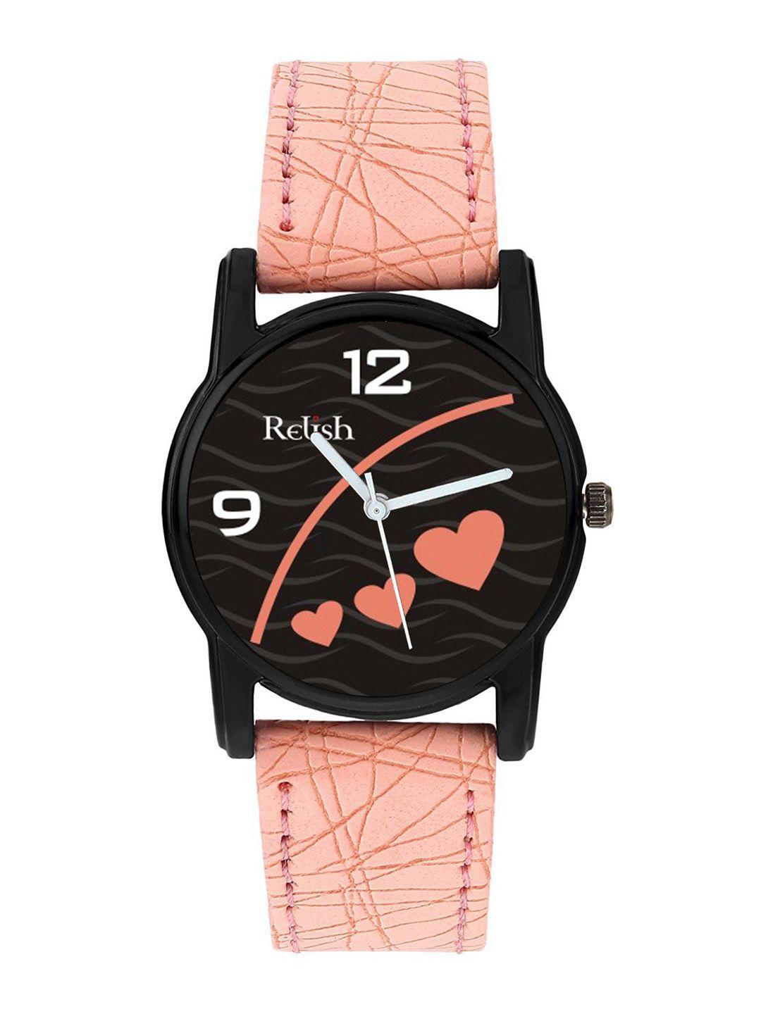 relish women black printed dial & pink straps analogue watch re-l085pb