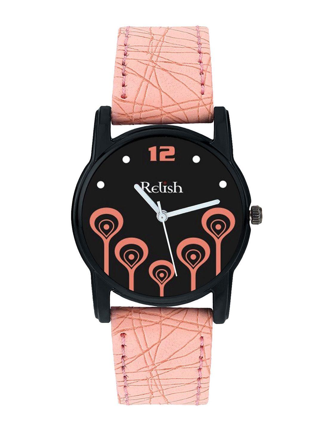 relish women black printed dial & pink wrap around straps analogue watch re-l089pb