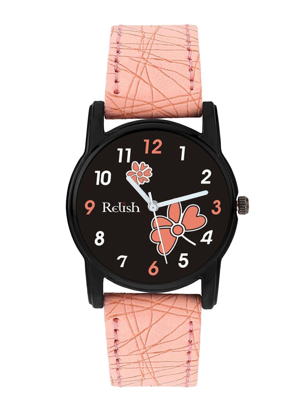 relish women black printed dial & pink straps analogue watch re-l087pt