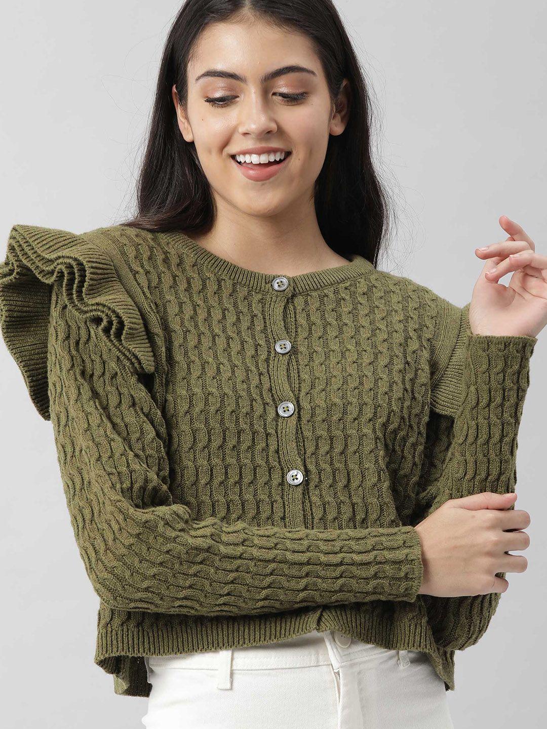 rareism women olive green cable knit cotton crop cardigan