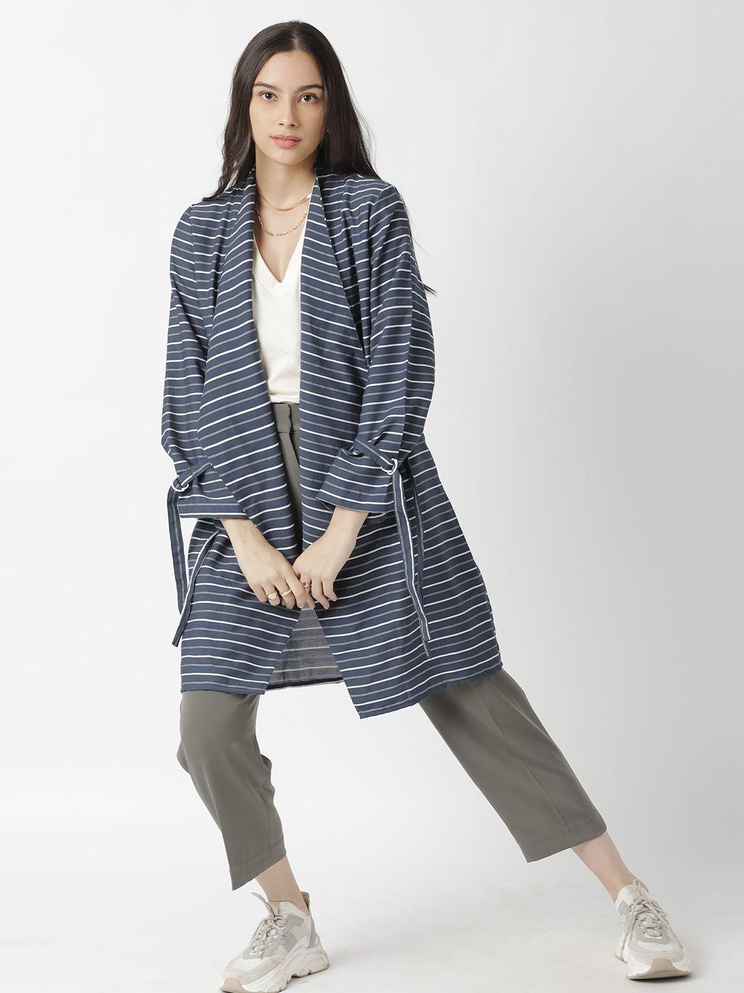 rareism women navy blue & white striped longline shrug