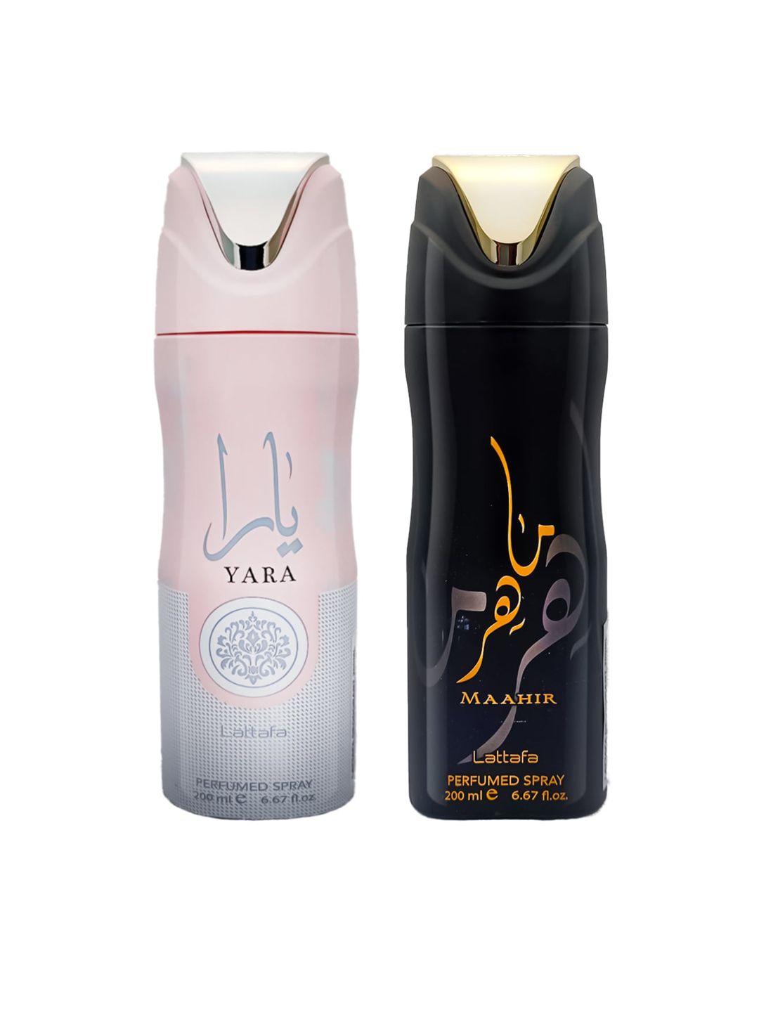 lattafa unisex set of 2 musk yara & maahir deodorant perfumed body spray 200 ml each