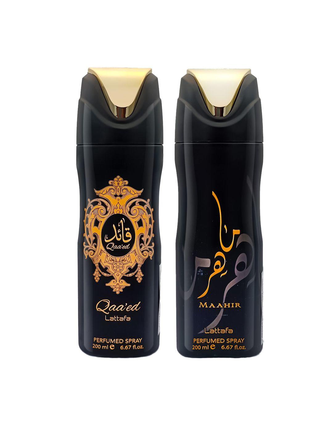 lattafa set of 2 black qaeed & maahir perfumed body spray deodorant - 200ml each